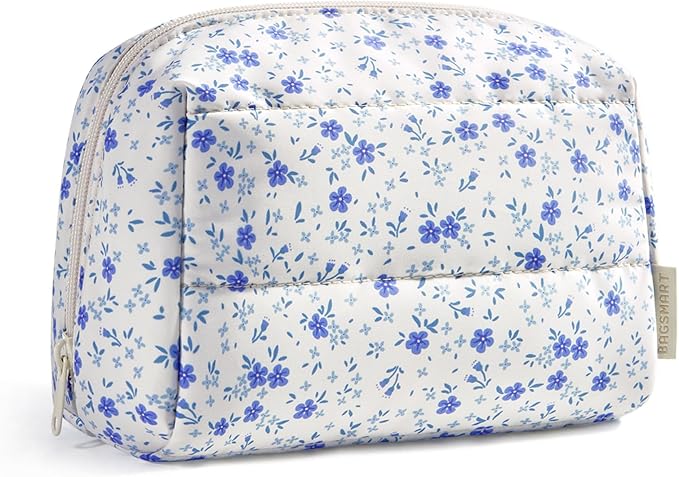 BAGSMART Puffy Makeup Bag, Wide Opening Cosmetic Organizer, Soft Water-Resistant Travel Toiletry Pouch for Women for Purse, Compact & Spacious