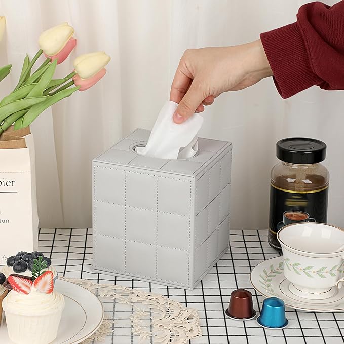 Sumnacon Square PU Leather Tissue Holder Box for Home,Office (Light Grey)