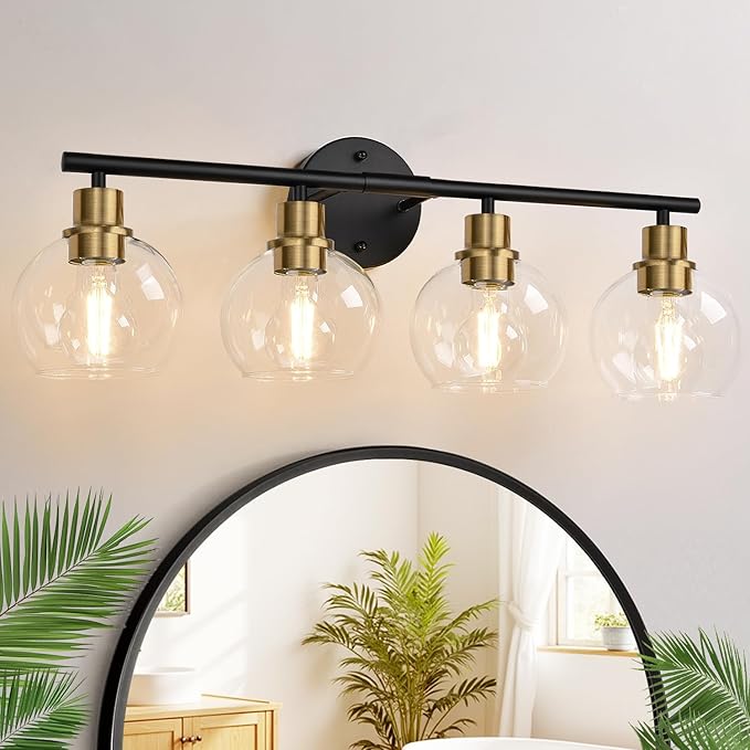 4-Light Bathroom Light Fixtures, Black and Gold Bathroom Lights Over Mirror with Clear Glass Globe Shade, Vanity Lights for Bathroom Kitchen Living Room Hallway Cabinet Bedroom Porch