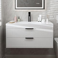 36 Inches Modern MDF Bathroom Vanity with Sink, Wall Mounted Floating Cabinets w/Double Drawers, Black Handles, White Resin Sink Combo Set (White, 36")