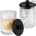 SheeChung 2 Pack Glass Qtip Holder - Apothecary Jars Bathroom Organizer with Metal Lids - Countertop Vanity Canister Set for Cotton Swabs, Rounds, Floss Picks-Modern Luxury Decor (Black Ribbed)