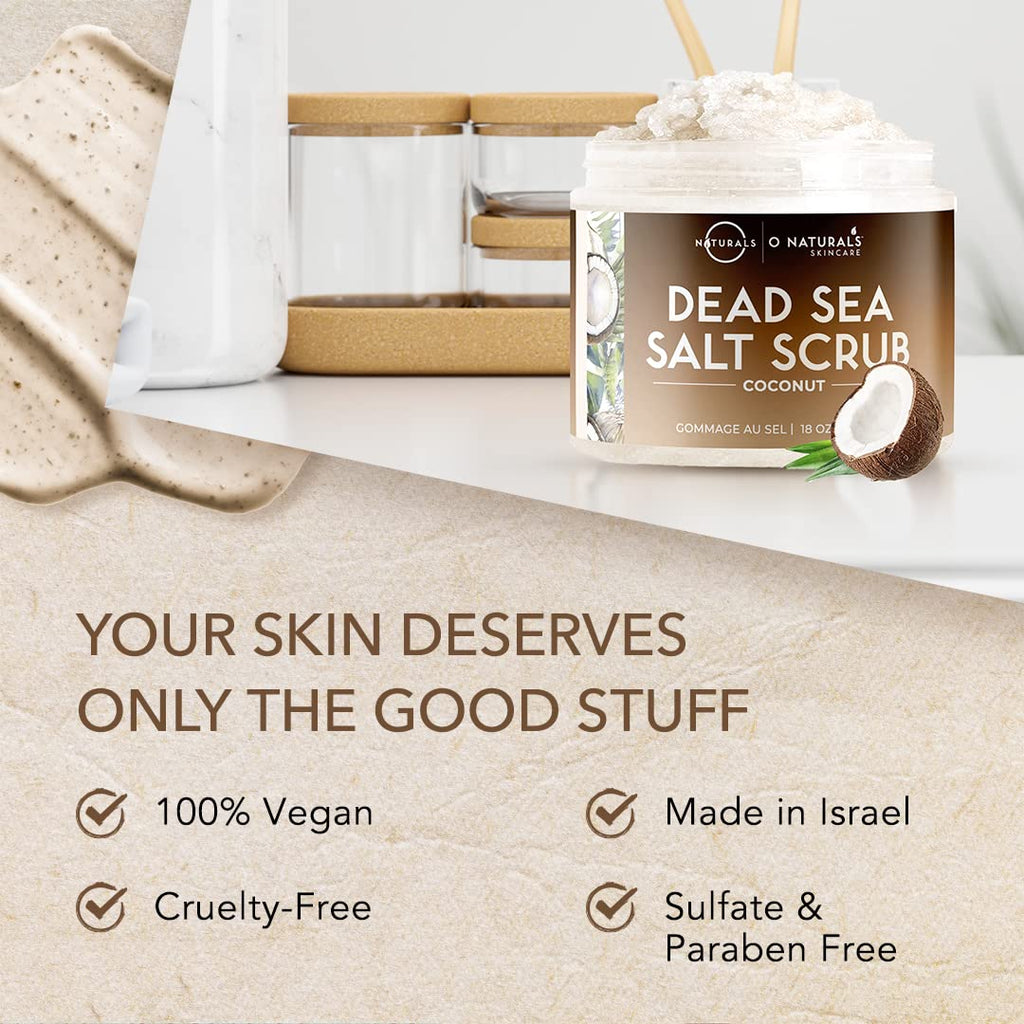 O Naturals Exfoliating Scrub, Natural Dead Sea Salt Deep-Cleansing Face & Body Scrubs. Anti-Cellulite Tones Helps Oily Skin, Acne, Ingrown Hairs & Dead Skin Remover - Coconut Oil 18oz
