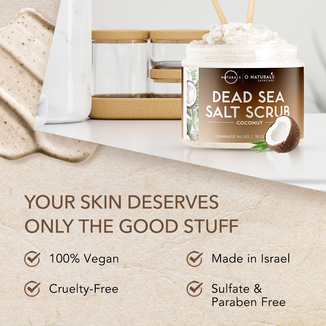 O Naturals Exfoliating Scrub, Natural Dead Sea Salt Deep-Cleansing Face & Body Scrubs. Anti-Cellulite Tones Helps Oily Skin, Acne, Ingrown Hairs & Dead Skin Remover - Coconut Oil 18oz