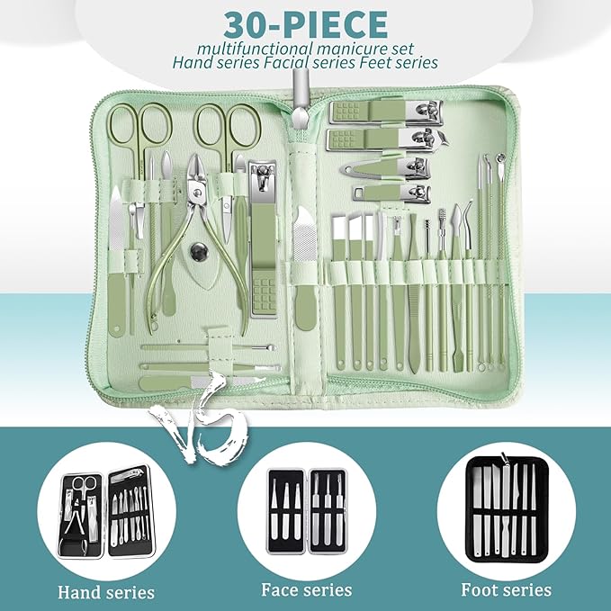 30 in 1 Manicure kit Personal Care Men's Accessories, Professional Nail Kit Pedicure Kit, Toe Nail Clippers for Men and Beauty Tools Portable Set, Travel Deluxe Convenience Set(Green)