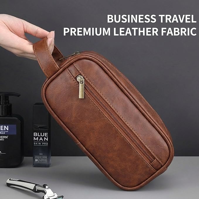 Men’s Toiletry Bag - Vintage PU Leather Kit for Travel - Water-Resistant Shaving Bag,Compact Pouch Gift for Husband, Dad (Khaki)