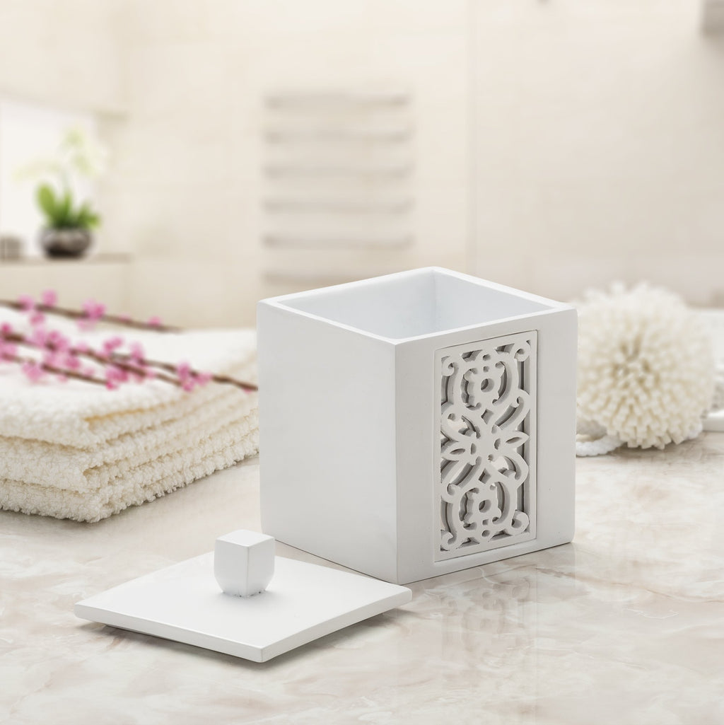 Creative Scents Mirror Janette White Qtip Holder With Lid - Decorative Cotton Ball Jar - Durable Cotton Swab Container - Beautiful Bathroom Vanity Accessories - Elegant Bath Storage