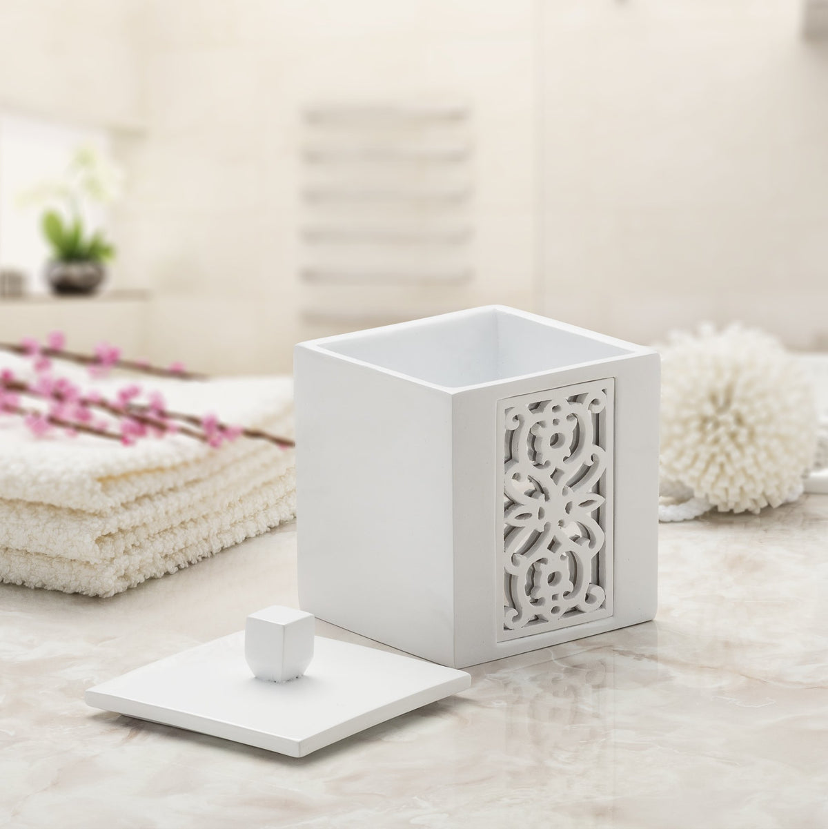Creative Scents Mirror Janette White Qtip Holder With Lid - Decorative Cotton Ball Jar - Durable Cotton Swab Container - Beautiful Bathroom Vanity Accessories - Elegant Bath Storage