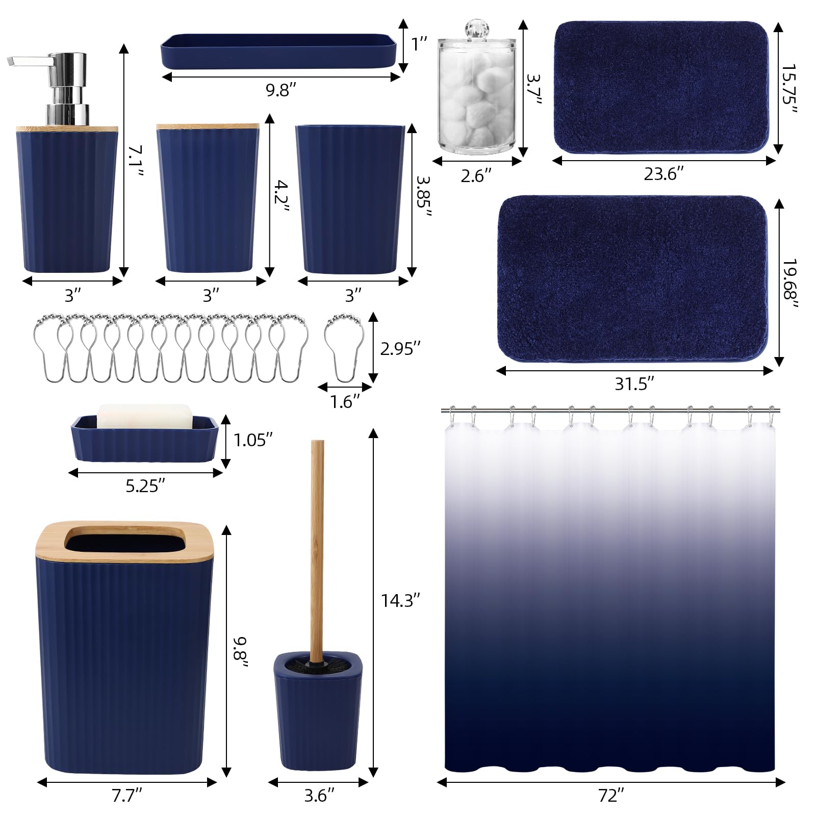 XLHOMO Bathroom Accessory Set–Bathroom Sets with Shower Curtain and Rugs, No Slip Bathroom Rugs Super Absorbent, Blue Ombre Water-Proof Shower Curtain with Hooks, Blue Bathroom Sets Complete for Home