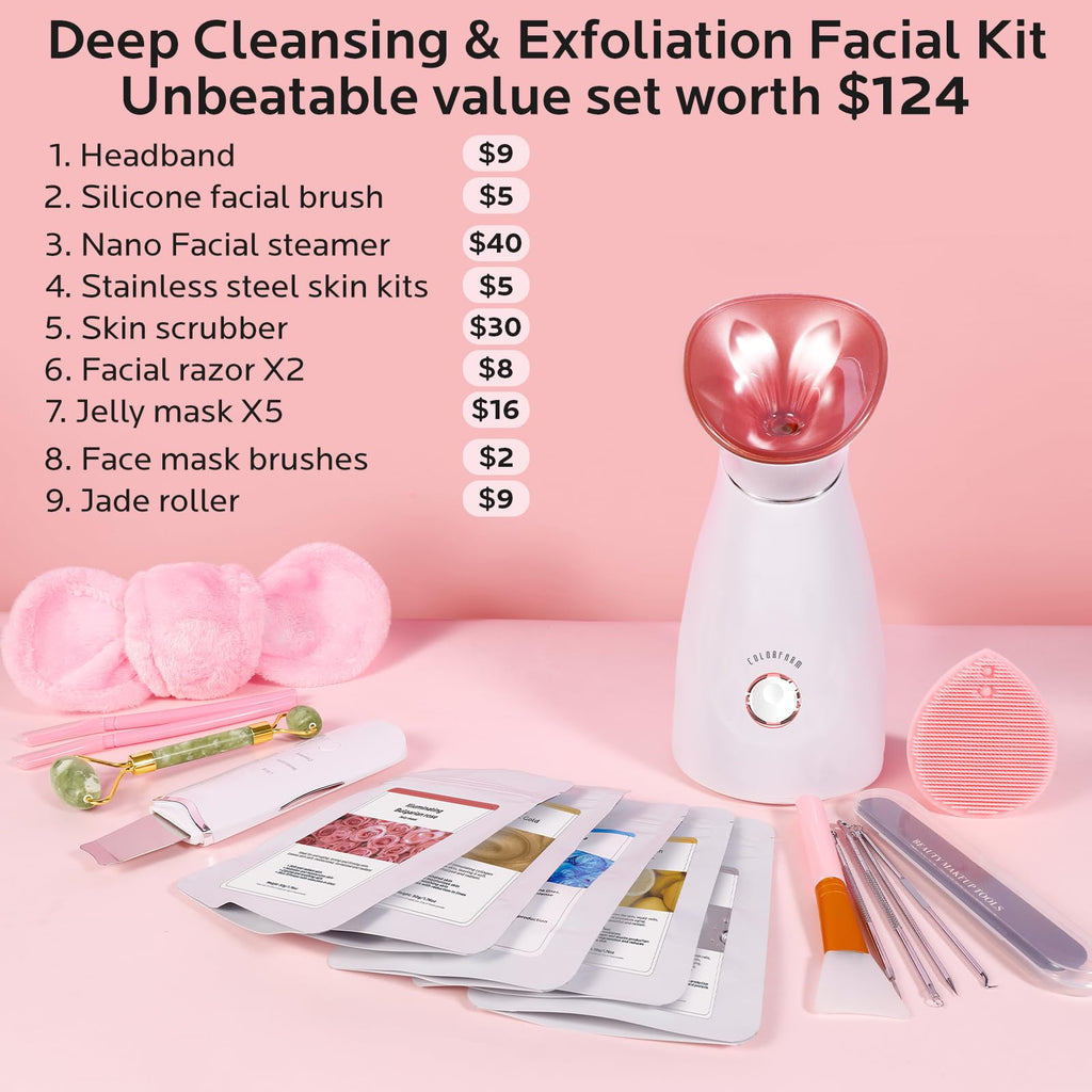 Colorfarm Facial Steamer Spa Kit: Nano Ionic Face Steamer for Facial Deep Cleansing - Home Spa Skincare Set with 17 Skin Care Tools Self Care Gifts for Women