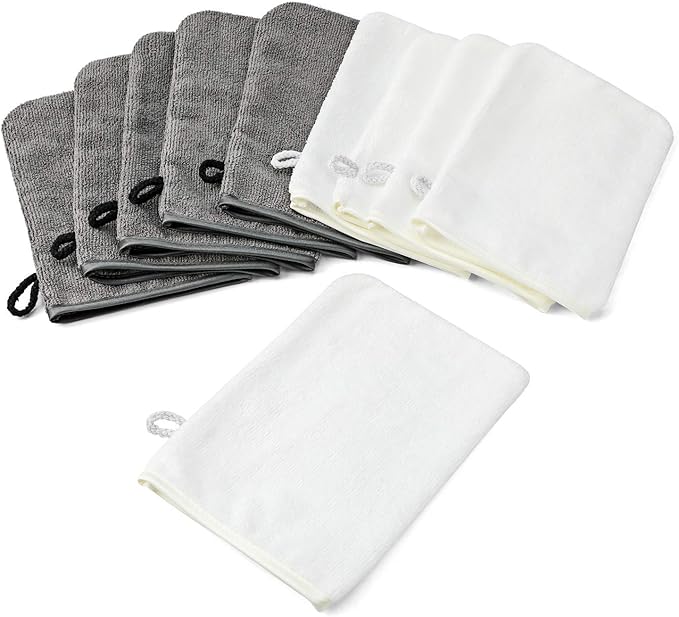 PHOGARY 10Pack Microfiber Wash Mitts, Soft Face Mittens, Reusable Remover, 6×8in, White, Grey