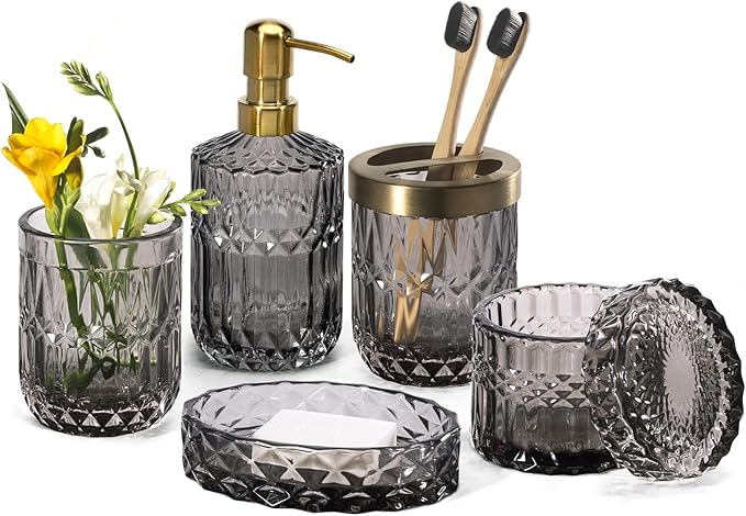 EMPO 6PCS Bathroom Clear Glass Accessories Set (Lotion Soap Dispenser, Soap Dish, Toothbrush Holder, Tumbler, Cotton Swab Jar) Contemporary Modern Decor Crystal Clear Vintage Gift (6pcs Gray)