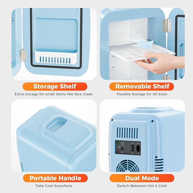 YASHE Mini Fridge, 4 Liter/6 Can Mini Makeup Fridge, 110V AC/ 12V DC Portable Thermoelectric Cooler&Warmer for Skincare, Drink, Cosmetic, Medicine, Small fridge for Bedroom, Office, Dorm, Car, Blue
