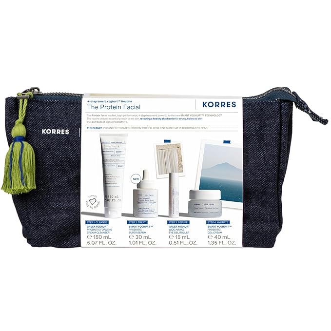 KORRES Protein Facial Kit, 4-Step Ritual with Greek Yoghurt Foaming Cleanser, Probiotic Super Serum, Wide Awake Under Eye Gel, & Probiotic Gel Cream, 4 Full Size Products