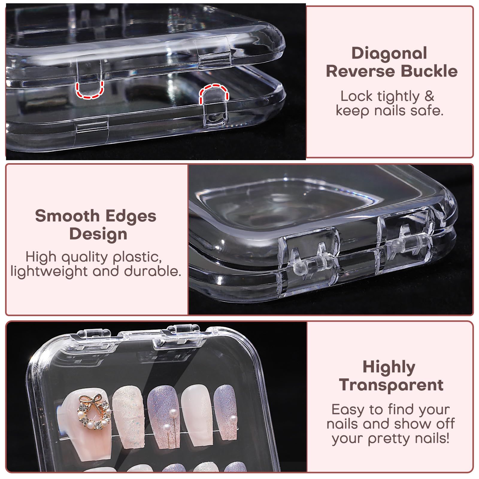 27PCS Press on Nail Boxes with 5M Nail Tape, Acrylic Fake Nail Storage Case