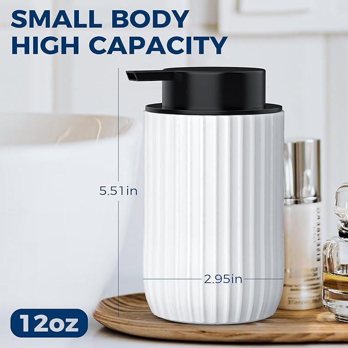 POSOSTO Ceramic Foaming Hand Soap Dispenser，12 oz Bathroom Soap Dispensers， Lotion Dispenser for Kitchen, Refillable Matte Streaks Soap Dispenser with Large Pump (White)