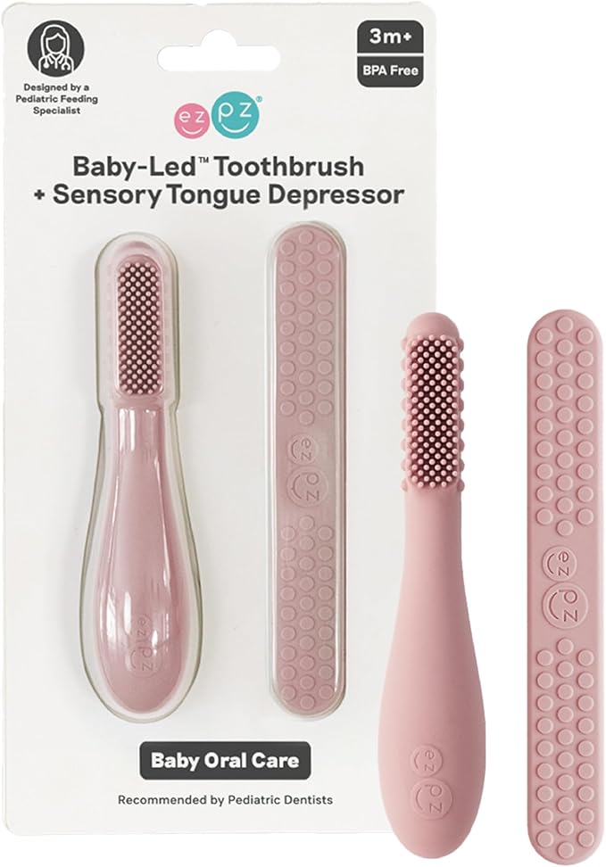 ezpz Baby-Led Toothbrush + Tongue Depressor Dual Pack (Blush) - 100% Silicone Toothbrush + Silicone/Stainless Steel Tongue Depressor - Helps Set-up Infants for a Healthy Oral Care Routine