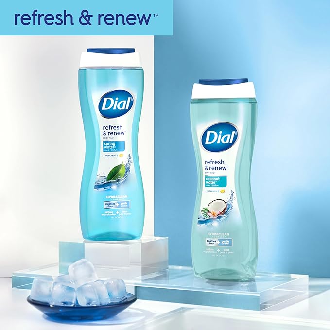 Dial Body Wash, Hydraclean Complex & Vitamin E, Gentle, Leaves Skin Feeling Nourished, Dermatologist-Tested, No Parabens & Sulfates, Refresh & Renew, Spring Water, 16 Fl Oz (Pack of 4)