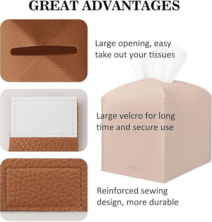 Tissue Box Cover Holder Square Tissue Cube Cover PU Leather Tissue Organizer with Bottom Belt for Bathroom, Tabletop, Car, Night Stands, Office, Home, Kitchen (2, Brown)