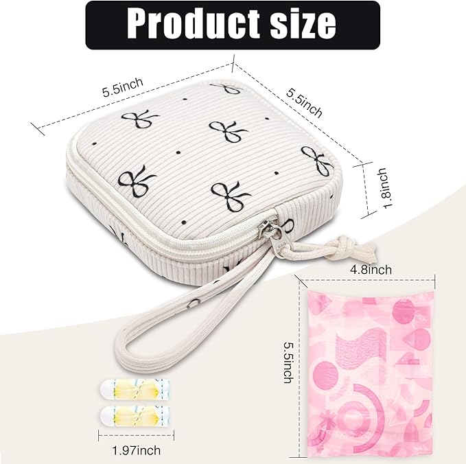 Chicarries Small Makeup Bag | Discreet Period Bag Pad Pouch for Purse| Sanitary Napkin Storage & Tampon Holder for Travel (Cute black bow)