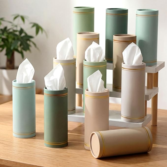 Fourluoo 12 Pack Car Tissue Cylinder Holder Bulk with 3 Ply Facial Tissues, Round Napkin Holders for Cup Holder Cylinder Travel Paper Tubes Bulk Round Napkin Boxes Packs(Multicolor)