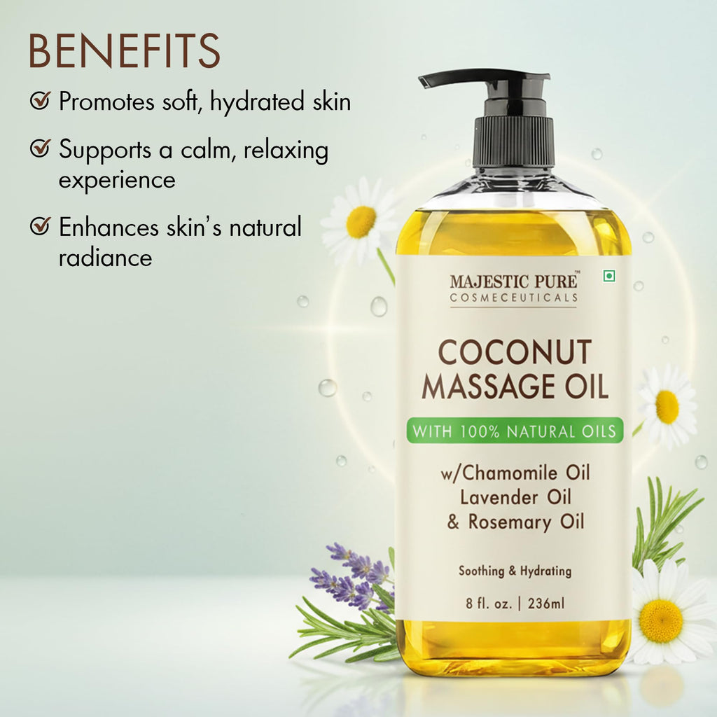 Majestic Pure Coconut Massage Oil, Moisturizing Body Oil, 8 Fl Oz