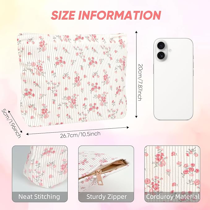 Ksriylm Cute Makeup Pouch for Women Flower Small Make Up Bag for Purse Zipper Initial Cosmetic Bags Pouches for Purse Aesthetic Travel Toiletrybags Gift,Red Floral