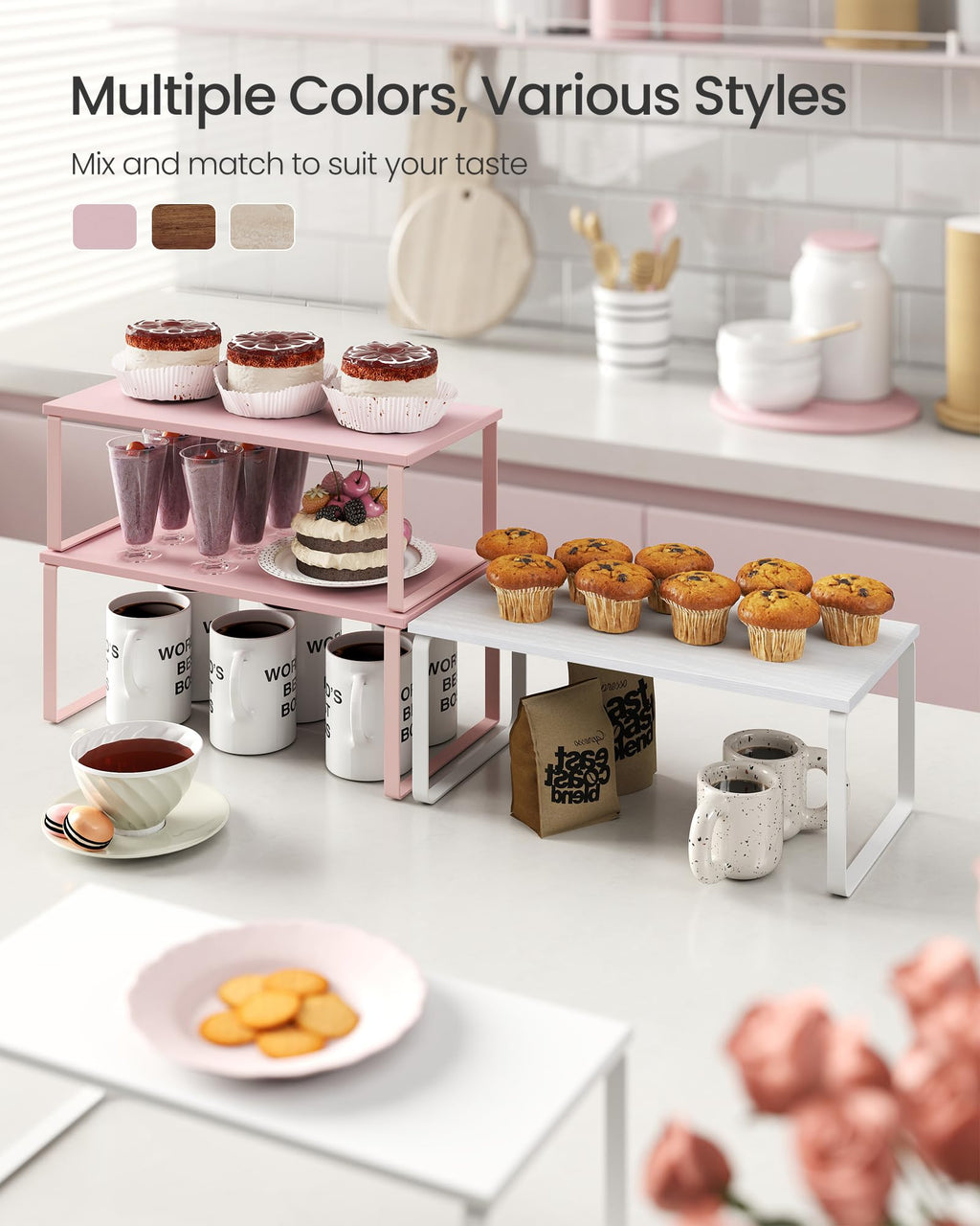 SONGMICS Cabinet Organizer Shelf, Set of 2 Kitchen Counter Shelves, Kitchen Storage, Spice Rack, Stackable, Expandable, Metal and Engineered Wood, 15.6 Inches, Jelly Pink UKCS025S01