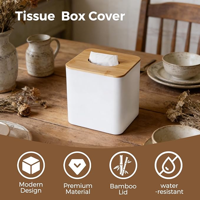 Tissue Box Cover Square, Modern White Facial Tissue Holder with Bamboo Lid