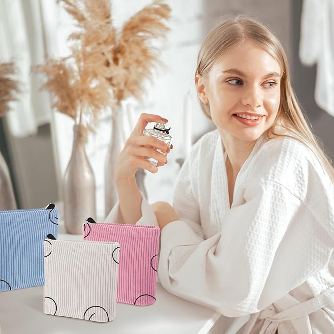 Teircno 2 PCS Corduroy Period Bag for women, Cute Sanitary Napkin Storage Bag Portable Period Pouch with Zipper, Sanitary Pads Bag Tampons Holder for Purse First Period