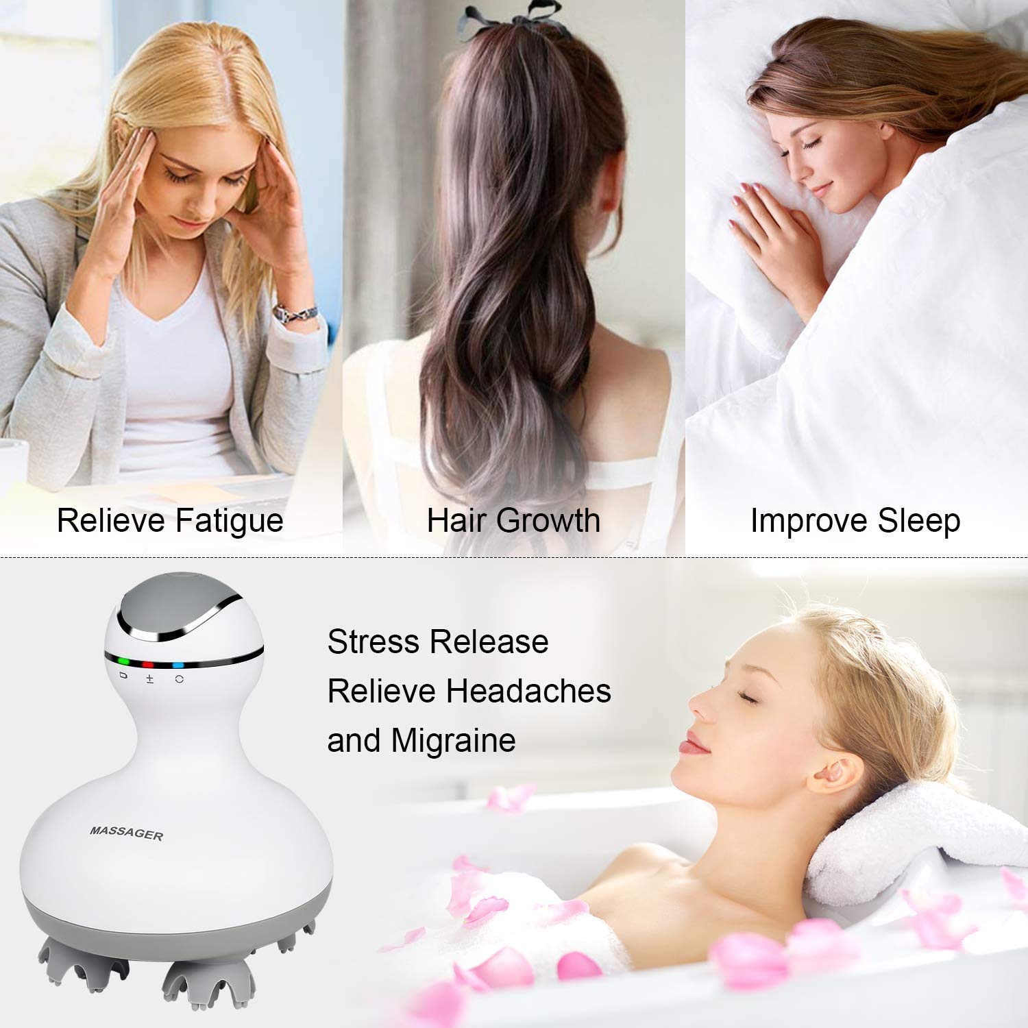 cotsoco Electric Scalp Head & Back Massager, Cordless Hair Massage Waterproof Head Massager with 4 Heads 84 Nodes for Hair Growth, Stress Relief & Deep Clean, Gifts for Men Women, White