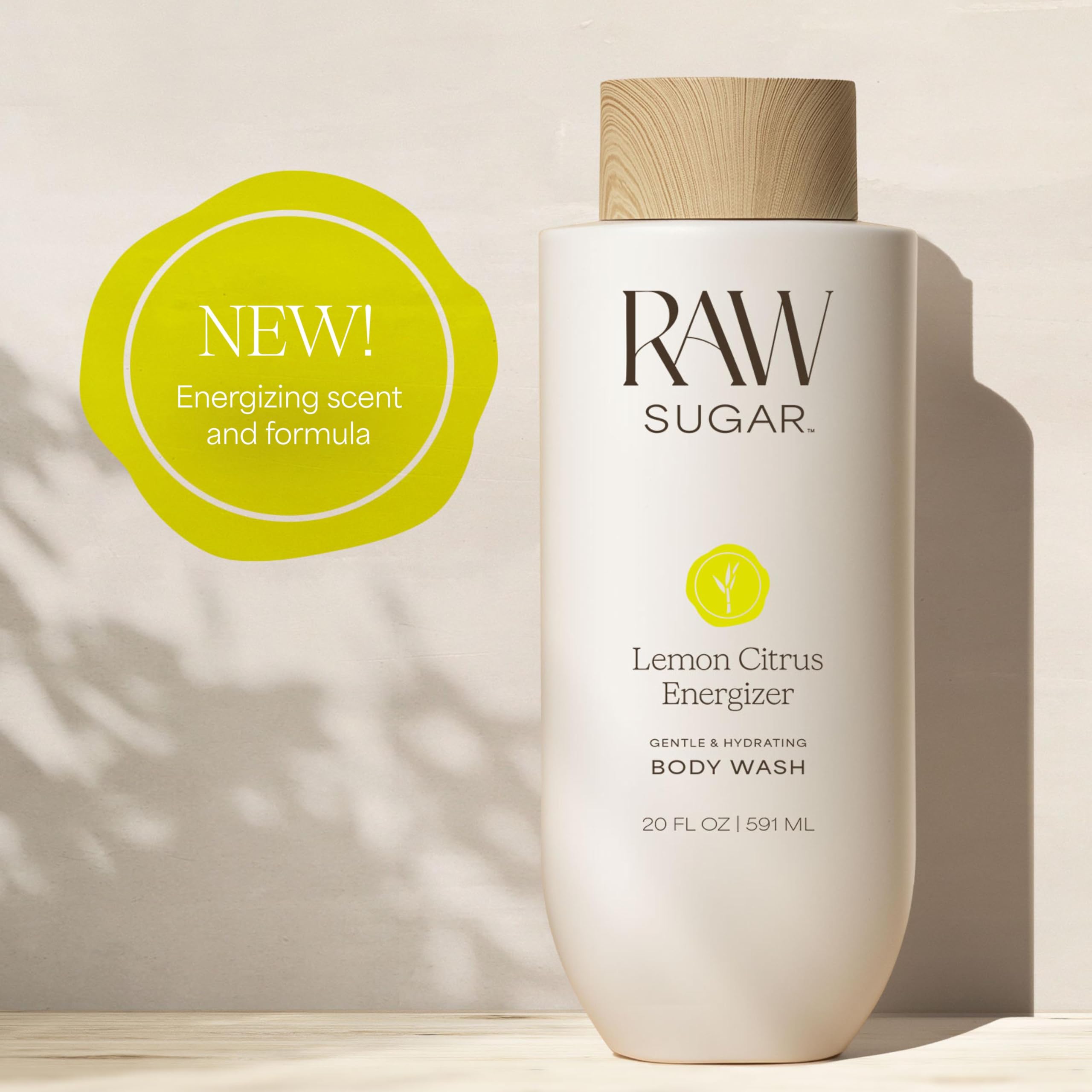 RAW SUGAR Lemon Citrus Energizer Gentle & Hydrating Body Wash, 20 Fl Oz (Pack of 1), Moisturizing & Energizing Bath & Shower Gel, Vegan, Formulated without SLS/SLES & Parabens