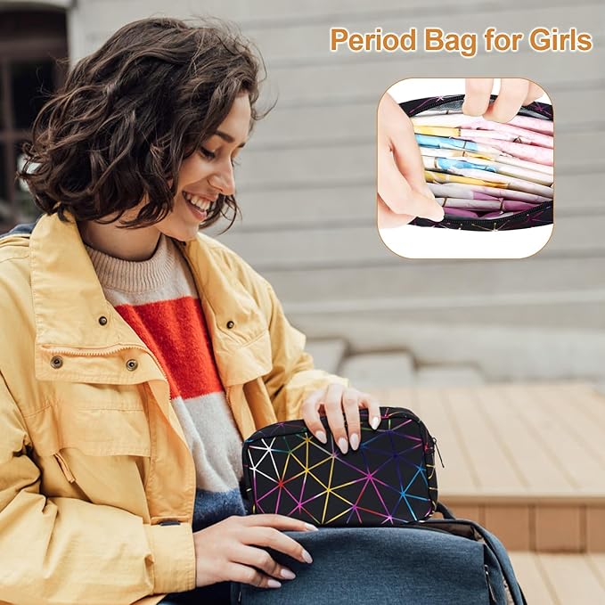 Period Bag for Girls Womens, Leather Sanitary Napkin Storage Bag, Portable Menstrual Pad Bag Period Pads Pouch, Small Make Up Bags(Colorful Black)