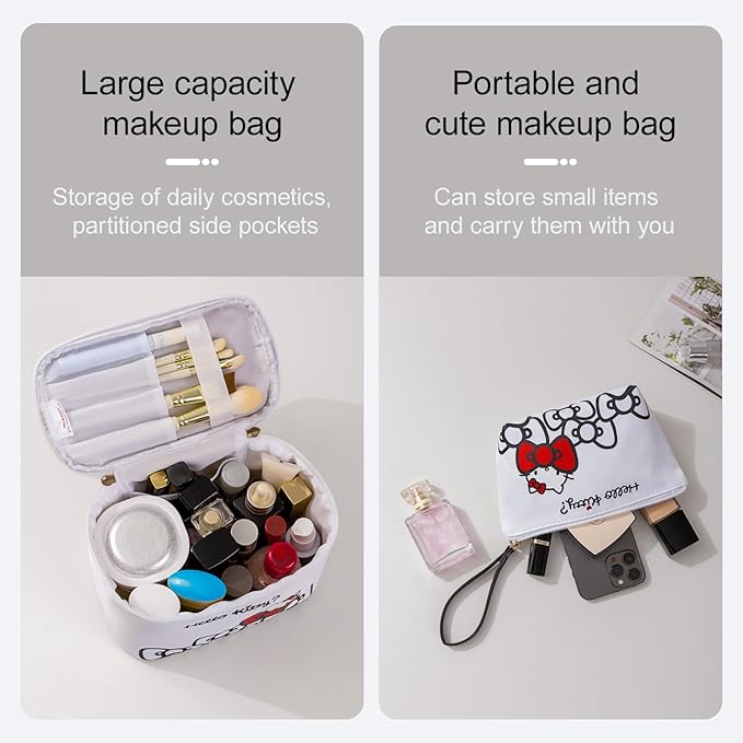 Vimanllie Travel Makeup Bag Large Cosmetic Bags with Brush Holder,White Waterproof 2PCS Portable Cosmetic Case for Women,Toiletry Bag for Skincare&Beauty Tools for Her