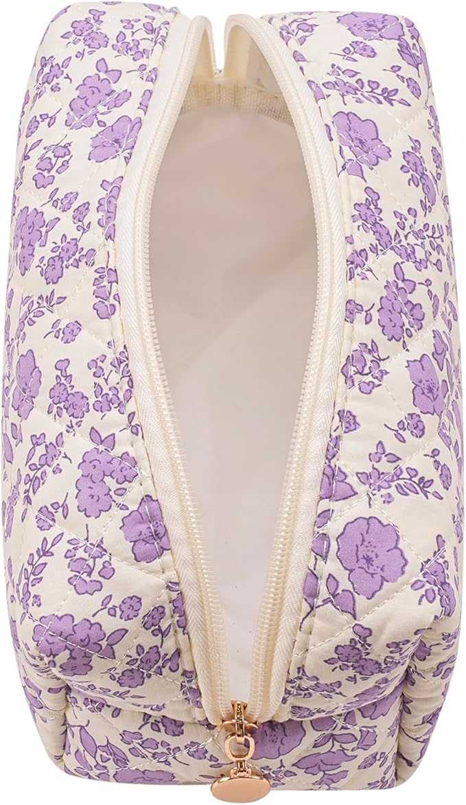 HHQQWZ Cute Square Floral Cotton Makeup Cosmetic Bag for Women Girls, Travel Quilted Zipper Make Up Bag, Square Flowers Organizer Case Kawaii Makeup Cosmetic Travel Cloth Pouch (Purple Floral)