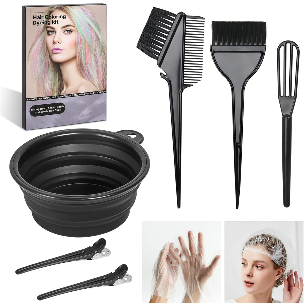 ROOHUA 8 Pcs Hair Coloring Kit - Professional Hair Dye Tools for Home Salon Use with Bowl, Brush, Comb, Clips, Gloves & Shower Cap - Reusable Supplies (8, Black)