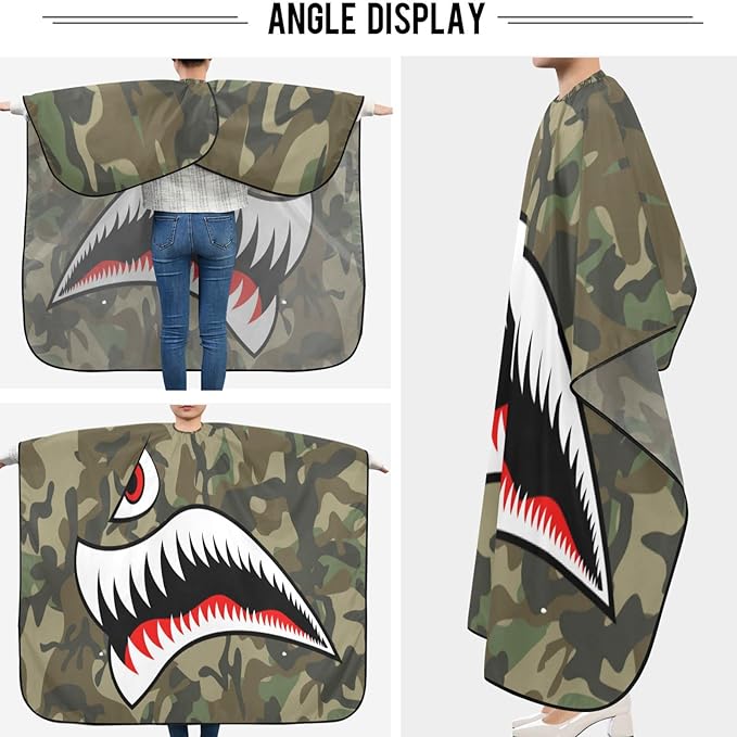 visesunny Barber Cape Flying Tiger Shark Camouflage Polyester Hair Cutting Salon Cape Apron Anti-Static Haircut Shaving Cloth Beard Shaving Bib Hairdressing Cape
