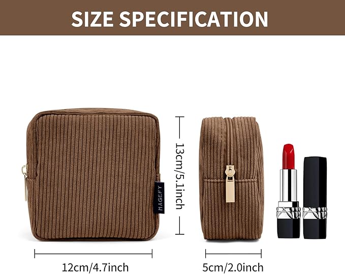MAGEFY Small Makeup Bag for Purse Mini Cosmetics Bag Corduroy Cute Cosmetic Pouch for Women with Slip-in Pockets (Brown)
