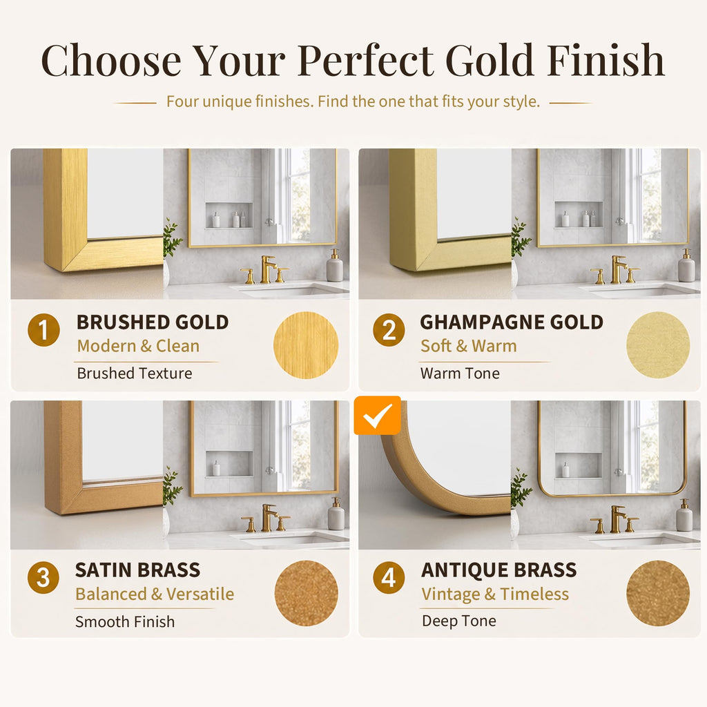 Pocetry 2-Pack 24x36 Inch Antique Gold Rounded Rectangle Vanity Mirrors