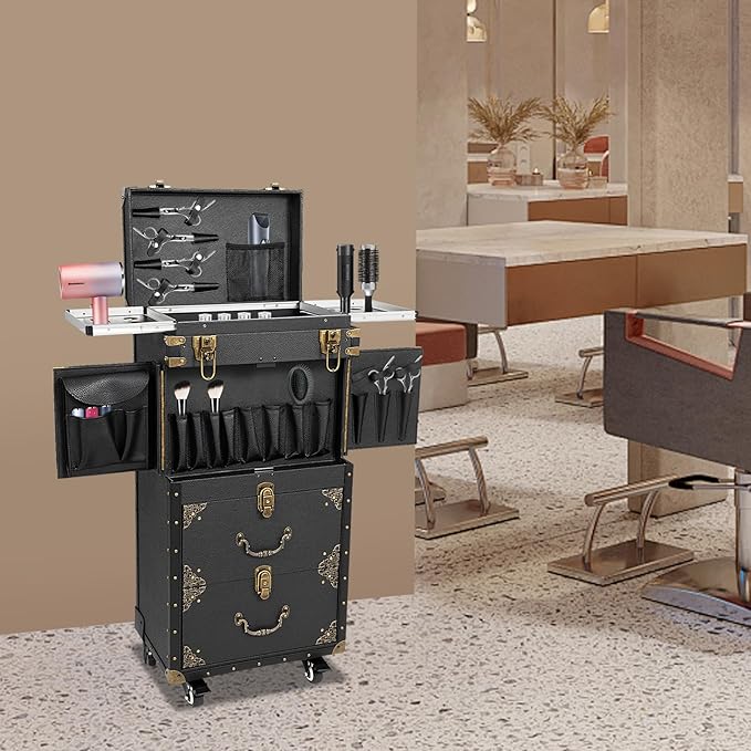 QUEWATSA Rolling Lockable Makeup Train Case, Drawer Luggage Suitcase with Makeup Hairdressing Tools Storage, Makeup Beauty Salon Luggage Hairdressing Trolley Travel Organizer Tool Box, Retro Black