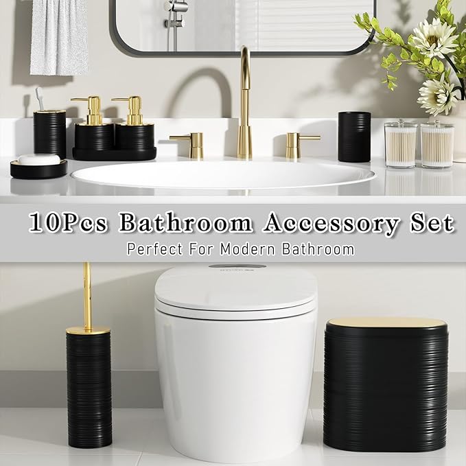 InnJoey Bathroom Set, 10PC Bathroom Accessory Set, Black Bathroom Accessories, Black and Gold Bathroom Set with Trash Can, Soap Dispensers