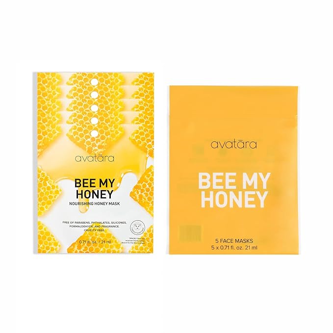 Avatara Bee My Honey Facial Mask 5 Sheets, Hydrating Sheet Masks with Honey and Sugar Cane Extract, Face Mask Skincare Beauty Essential for Moisturizing Skin, Minimize Pores, All Skin Types, 5 Pack