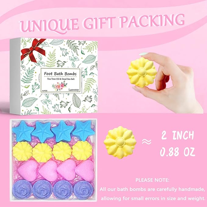 Lanwexy Bath Foot Bombs, 16 Pack Foot Soak with Bath Salt and Tea Tree Oil for Christmas. Organic Natural Handmade Aroma Pure Essential Oil Bubble Feet Balls for Foot Callus, Stubborn Feet Odor Scent.