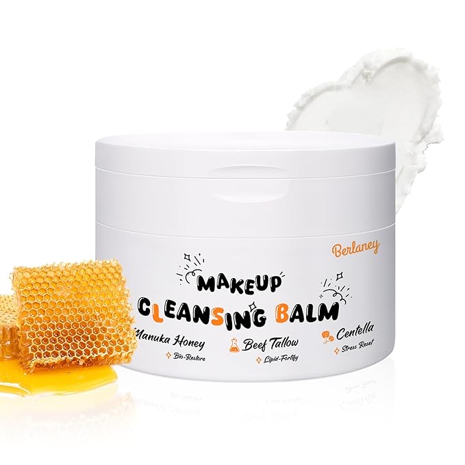 Berlaney Cleansing Makeup Remover Balm, One-Step Remove Melts Makeup Balm to Oil, Gently Removes Waterproof Makeup With Manuka Honey, Cica & Tallow, for All Skin Types, 1.76 oz