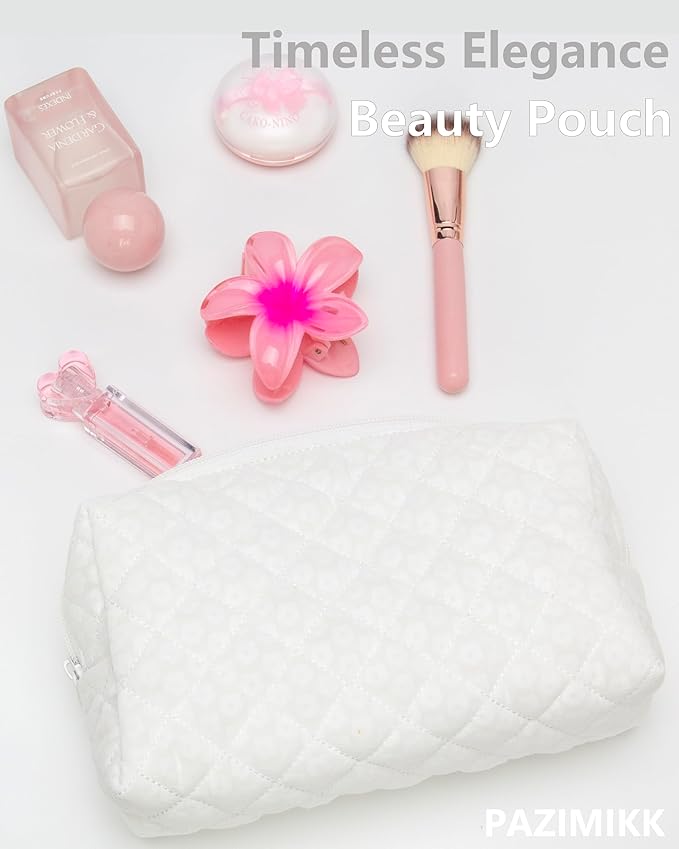 PAZIMIIK Small Quilted Makeup Bag,Zipper Cosmetic Pouch,White Floral