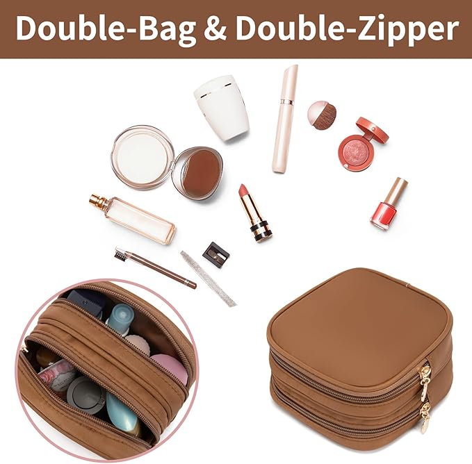XIAOLER Small Makeup Pouch, Double Zipper Cosmetic Bag, Travel Makeup Bag, Cute Makeup Bag for Purse, Mini Toiletry Bag (Chocolate)