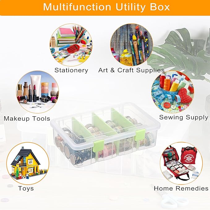 BTSKY Clear Plastic Dividing Storage Box with 4 Compartments Adjustable Storage Bin with Lid Plastic Craft Storage Container Multipurpose Sewing Box Art Supply Organizer, 13.3x8.1x3.4 Inches, Green