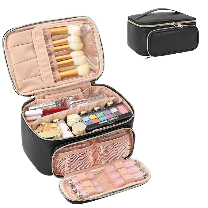 Makeup Bag with Multi-Pockets,Travel Cosmetic Bag with 2 Transparent Side Pockets for Easy Small Item Finding, Enlarged Internal Compartments, Large Capacity Waterproof Bottom Makeup Organizer -Floral