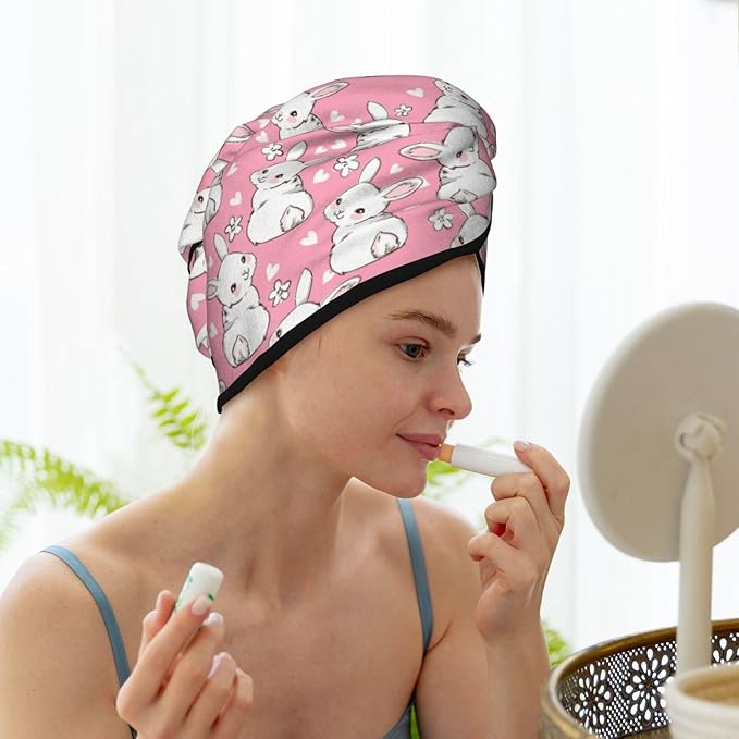 Bunny Hair Towel Wrap Microfiber Fast Drying Hair Turban with Buttons for Women Drying Curly, Long & Thick Hair