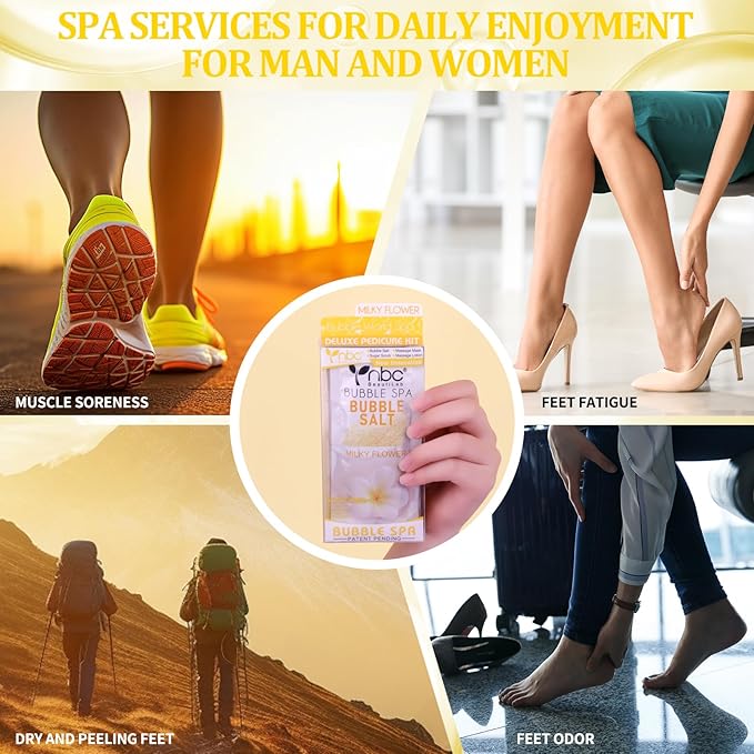 nbc BeautiLab Pedicure Kit Foot Soak Set: Bubble Salt, Sugar Scrub, Massage Mask, Massage Lotion in a Box, 4 Step Foot Spa Kit for Dry Feet, Calluses and Tired Feet(1 Set Milky Flower)