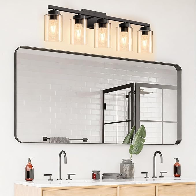 IZORRO Modern Bathroom Light Fixtures, 5 Light Black Vanity Lights, Bathroom Lighting Fixtures Over Mirror with Clear Glass for Living Room Cabinet Bedroom